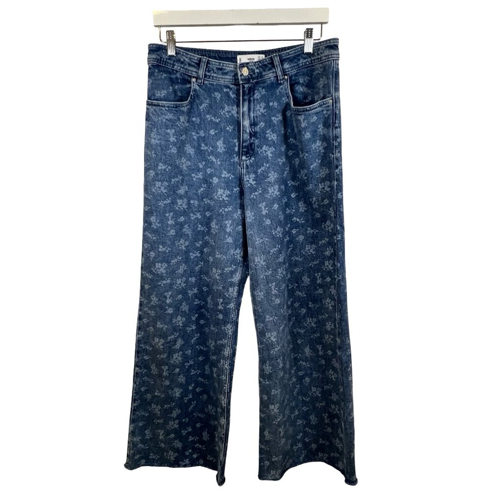 Mango High Waisted Wide Leg Floral Blue Jeans Size 10
